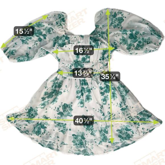 Fit & Flare Milkmaid Dress XL Green White Lantern Sleeves Ruffle Stretch Waist - Picture 5 of 16